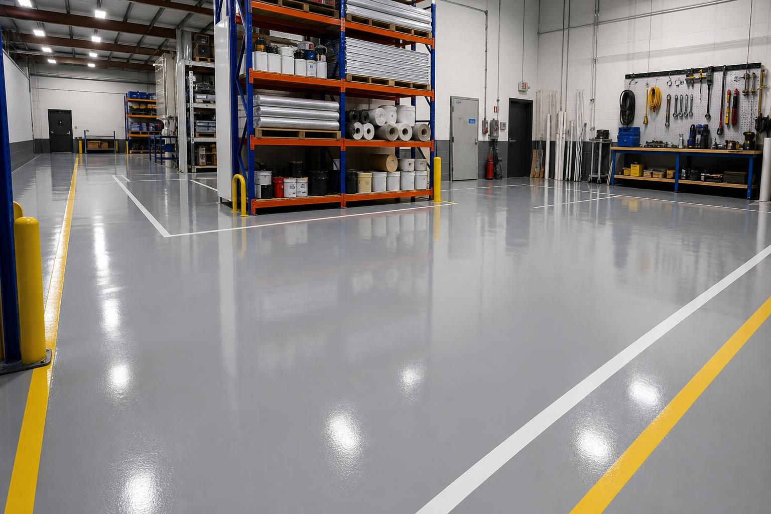 Clean commercial workspace with polished gray epoxy flooring