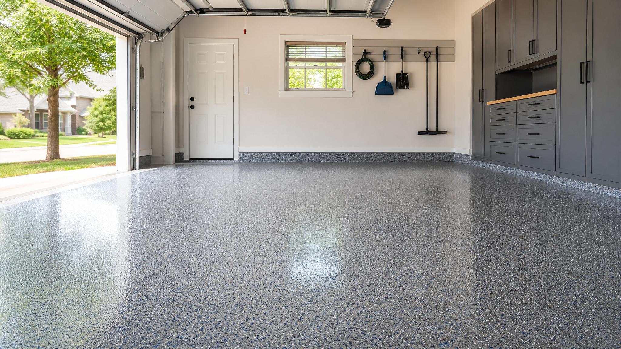 Clean Huntsville garage with glossy gray epoxy floor and decorative flakes